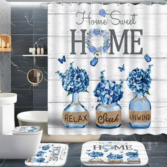 4 PCS Blue Hydrangea Shower Curtain Sets,Home Sweet Bathroom Set with Shower Curtain and Rugs and Accessories,Farmhouse Country Shower Curtain Bathroom Decor with 12 Hooks 72 X 72 Inches