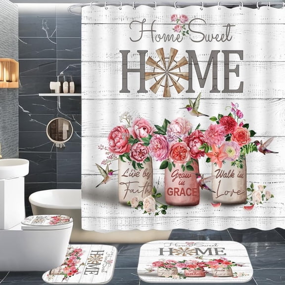 4 PCS Red Rose Peony Shower Curtain Sets Home Sweet Bathroom Set with Shower Curtain and Rugs and Accessories Farmhouse Country Shower Curtain Bathroom Decor with 12 Hooks 72 X 72 Inch