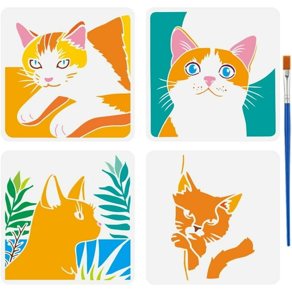 4 PCS Boho Black Cat Stencils with Paint Brush 11.8x11.8inch Reusable Cute Cats Templates Plastic PET Peeping Cat Painting Stencils Animal Theme Templates for Painting on Wood Fabric Mixed Color