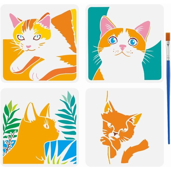4 PCS Boho Black Cat Stencils with Paint Brush 11.8x11.8inch Reusable Cute Cats Templates Plastic PET Peeping Cat Painting Stencils Animal Theme Templates for Painting on Wood Fabric Colorful