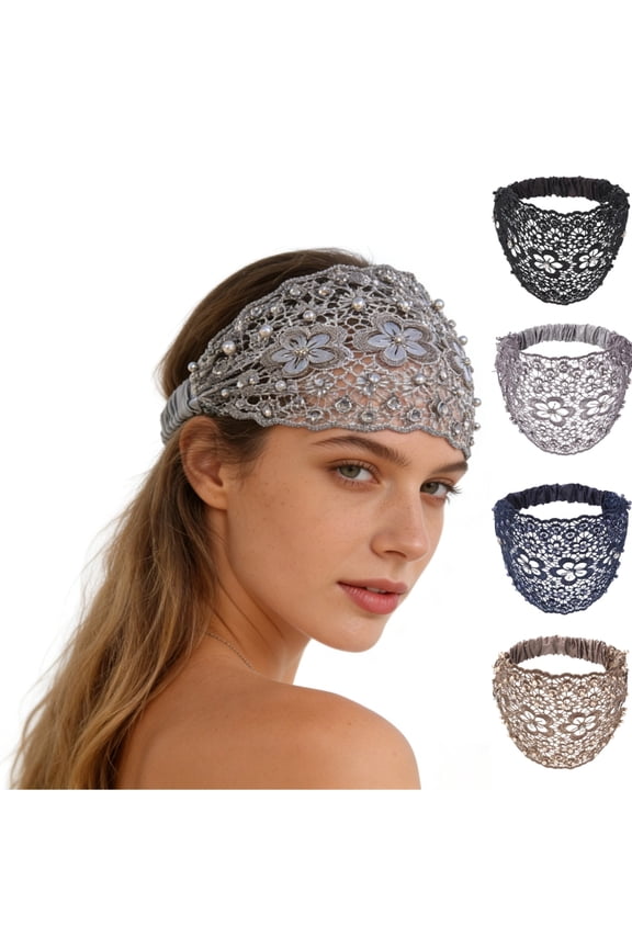 4 PCS Boho-Chic Crystal & Pearl Embellished Wide Headbands Plum Blossom Hollow Elegant Floral Beaded Lace Head Coverings for Women