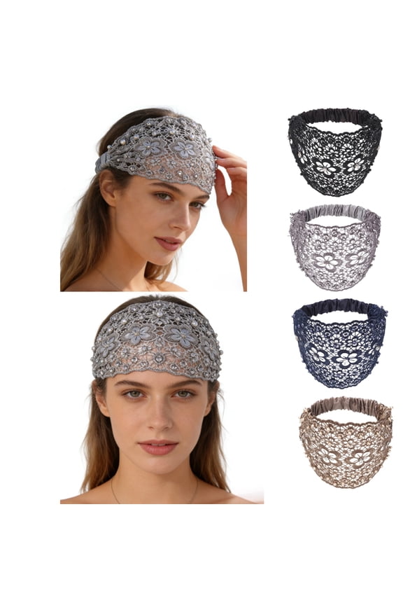 4 PCS Boho-Chic Crystal & Pearl Embellished Wide Headbands Plum Blossom Hollow Elegant Floral Beaded Lace Head Coverings for Women
