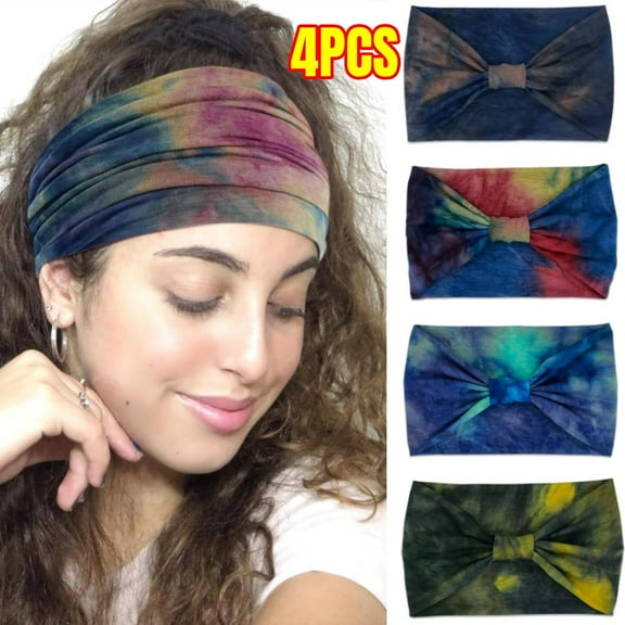 4 PCS Boho Extra Wide Headbands For Women Large Headband Twist Head Bands Women's Hair Band Stretchy Turban Styling Accessories Tie Dye