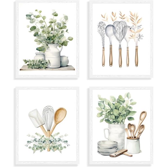 Kitchen Dining Room Canvas Poster 4 PCS Botanical Kitchen Wall Art Poster Sage Green Eucalyptus Leaves Prints, Boho Plant Wall Poster for Decor 8x10 in Unframed