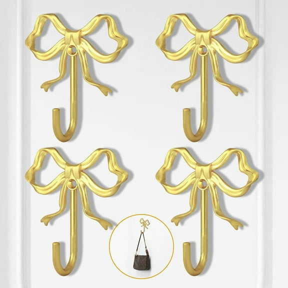 4 PCS Bow Hooks,Gold Bow Hook,Metal Wall Hooks for Hanging,Coats,Hats,Bags,Bath Towels and Room Decorations