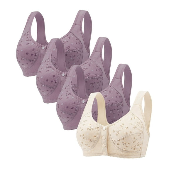 4 PCS Bras for Older Women Front Closure Daisy Bras Full Coverage No Underwire Push up Breathable Everyday Bra
