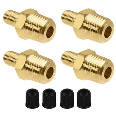 4-Pack Brass Tire Inflator Adapter – 1/4" NPT To Schrader Valve, For Portable Air Compressors & Pumps (Includes Cores & Caps)