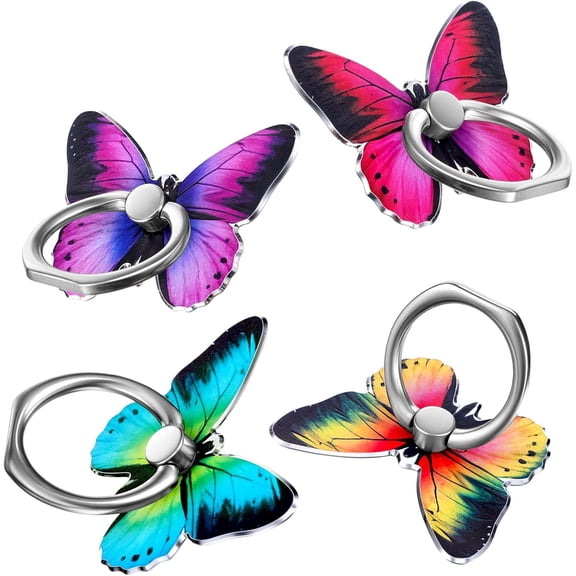 4 PCS Butterfly Cell Phone Ring Stand Holder, Cute Butterfly Ring for Phone Case 360Rotation Phone Ring Holder Stand Ring Hand Grip with Knob Loop for All Smartphones Tablet