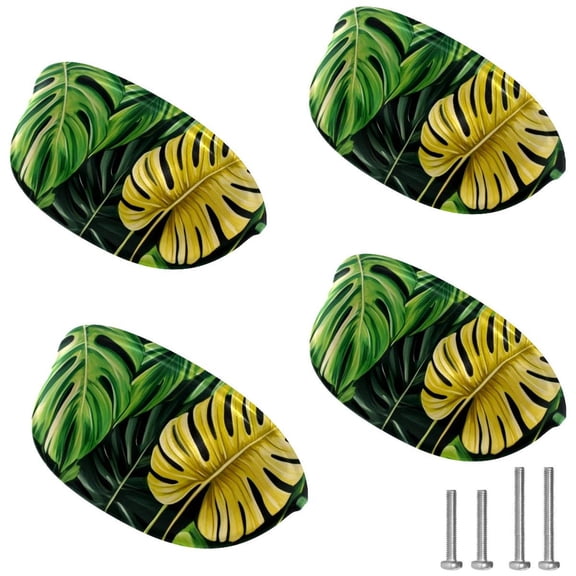 4 PCS Cabinet Cup Pull Tropical Leaves Drawer Handles with Screws for Cabinet Dresser Kitchen Home Hardware Decor