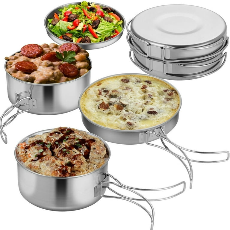 4 PCS Camping Cookware Set, Portable Lightweight Stainless Steel Pots with  Storage Bag, Stackable Cooking Pot Pan Plate Set for Mountaineering,
