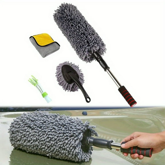 4 PCS Car Duster Kit, Microfiber Scratch Free Multipurpose Cleaning Duster with Extendable Handle, Washable Interior & Exterior Auto Dusting Tools for Cars Trucks SUVs RVs