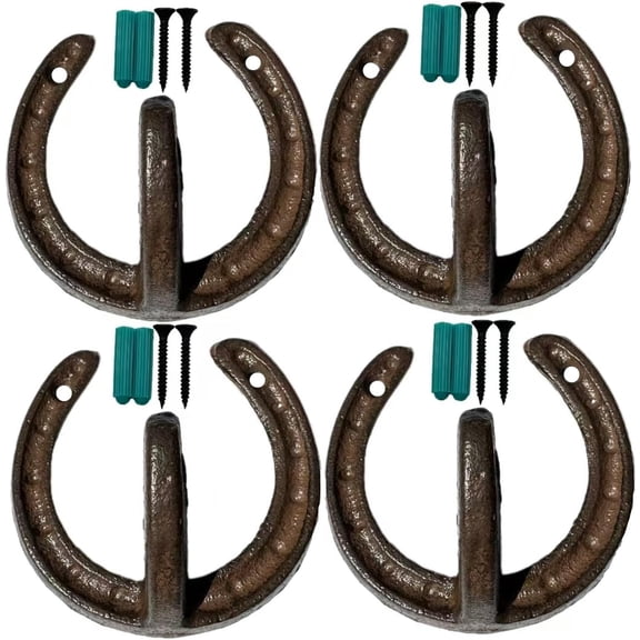 4 PCS Cast Iron Horseshoe Wall Hooks, Vintage Farmhouse Decorative Hooks for Coats, Hats&Towels, Heavy Duty Rustic Home Decor Coat Hooks