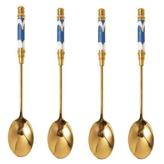 4 PCS Ceramic Long Handle Spoons - Coffee Spoon - Stainless Steel Small spoons - Tea Spoons For Dessert - Ice Cream Spoon - Cake Spoon Stirring Soup - Floral Handle Tea Spoon Tableware For Kitchen