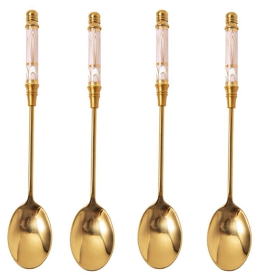 4 PCS Ceramic Long Handle Spoons - Coffee Spoon - Stainless Steel Small spoons - Tea Spoons For Dessert - Ice Cream Spoon - Cake Spoon Stirring Soup - Floral Handle Tea Spoon Tableware For Kitchen