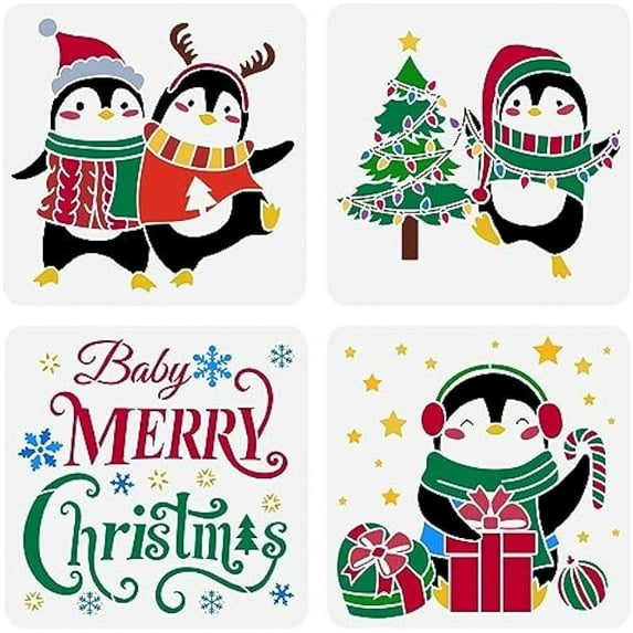 4 PCS Christmas Penguin Painting Stencil 11.8x11.8inch Reusable Merry Christmas Drawing Template Plastic Christmas Tree Stencil Hollow Out Stencil for Painting DIY Home Decor