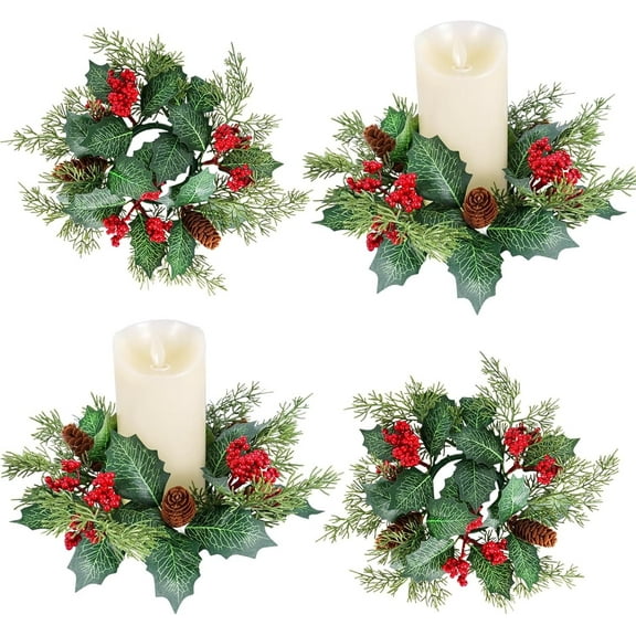 4 PCS Christmas Pine Cone Wreath,3" Inner Diameter Berry Pillar Candle Ring,Aromatherapy Candlestick Wreath Ring,Unique Design Christmas Decoration,Brightly Colored Napkin Ring for Candles