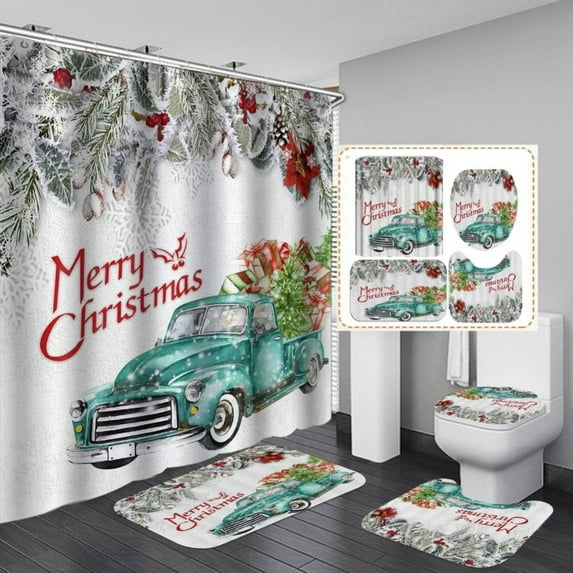 4 PCS Christmas Shower Curtain Set, 12 Hooks Waterproof Red Retro Truck Car Bath Curtain Set with Non-Slip Rugs, Toilet Lid Cover, Bath Mat for Christmas Decor( 71*71 inch)