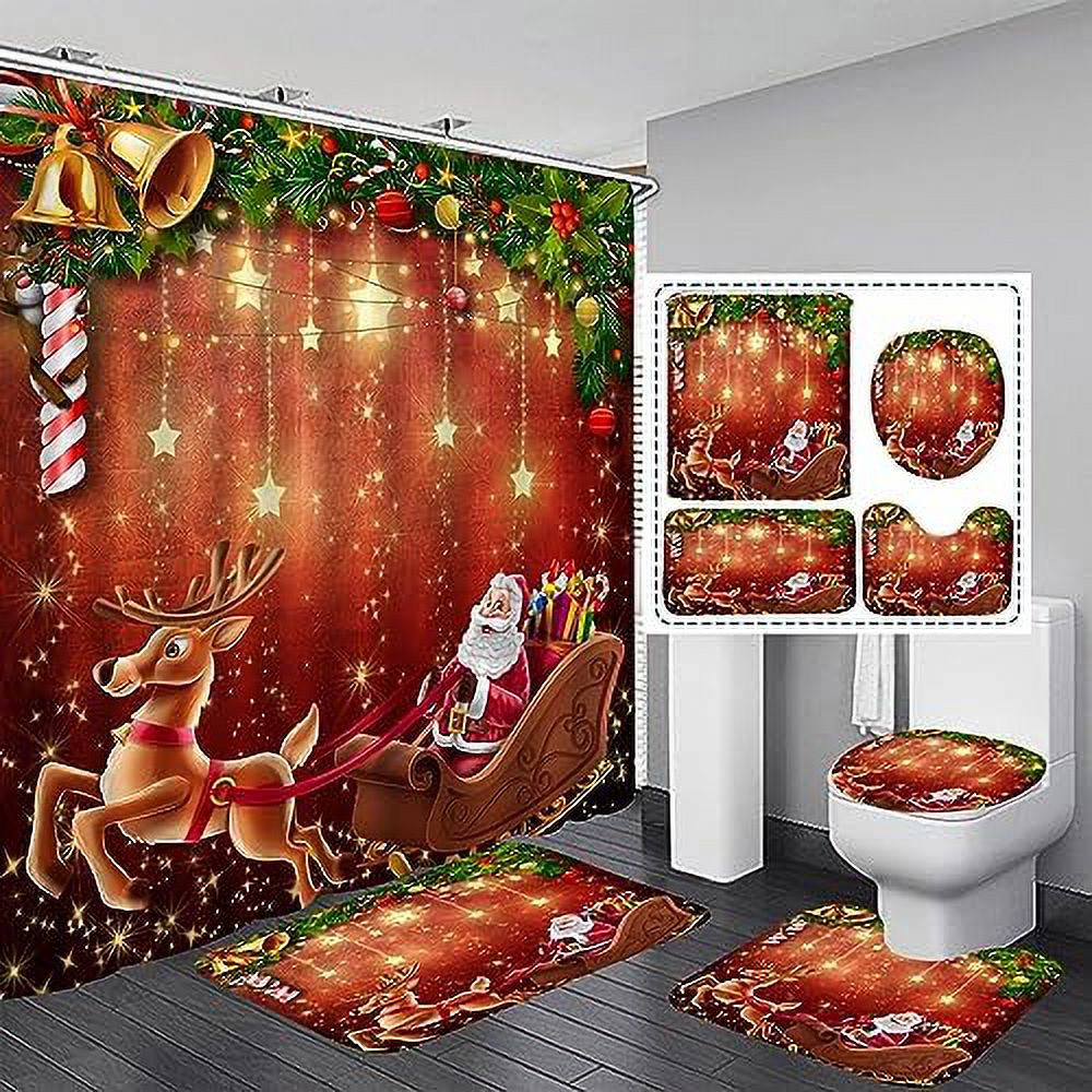 4 PCS Christmas Shower Curtain Sets Santa Claus Winter Bathroom Set