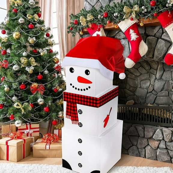 4 PCS Christmas Snowman Stacking Boxes with Lids and hat, Large Square Gift Boxes for Presents Wrapping, Cute Xmas Nesting Box, Funny Decorative Set of Box for Holiday and Winter Decorations