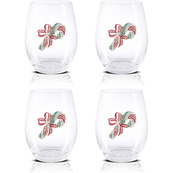 4 PCS Christmas Wine Glasses-Christmas Glassware Stemless Wine Glass , Christmas Candy Cane, Shiny,Drinking Glasses,Holiday Home Décor,Ideal Gift For Family Friend