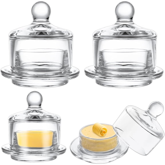 4 PCS Clear Glass Butter Dish with Lid Mini Butter Cloche Clear Small Butter Dish with Cover Glass Butter Keeper with Lid and Handle Crystal Butter Serving Container for Candy, Dessert, Jam