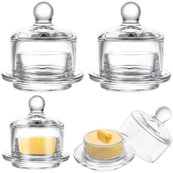 4 PCS Clear Glass Butter Dish with Lid Mini Butter Cloche Clear Small Butter Dish with Cover Glass Butter Keeper with Lid and Handle Crystal Butter Serving Container for Candy, Dessert, Jam