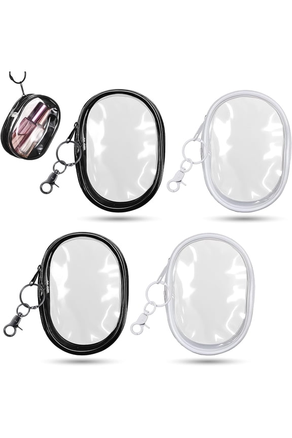 4 PCS Clear Keychain Pouch, Clear Mini Makeup Bag Keychain for Women, Transparent Figure Display Bag with Keyring (Black, White)