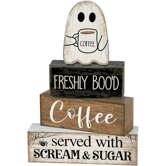 4 PCS Coffee Bar Table Decor Set, Ghost Sign Figurine Ornament, Spooky Kitchen Counter Decoration for Home Cafe Halloween Display