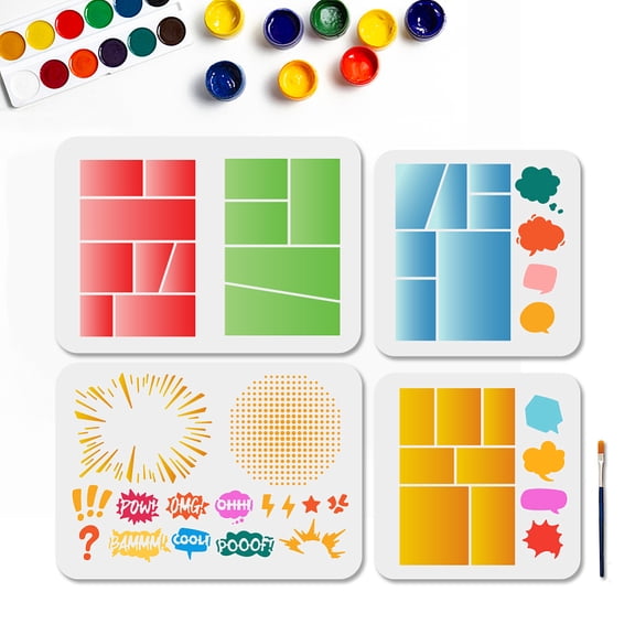 4 PCS Comic Theme Stencils Squares Onomatopoeia Reusable Stencil Manga Style Dialog Box Drawing Templates with Paint Brush