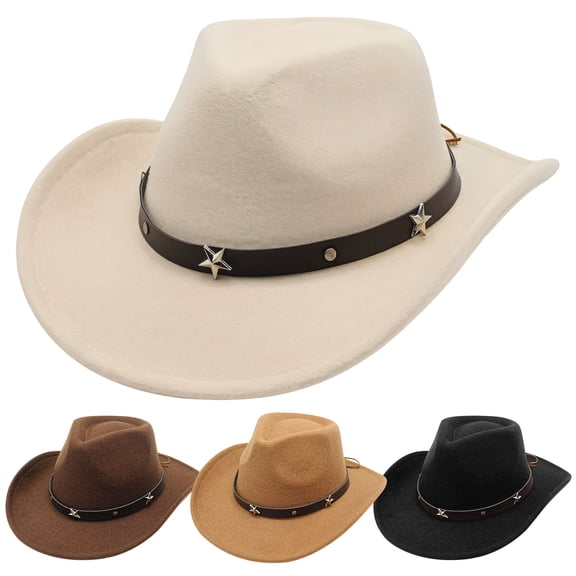 4 PCS Cowboy Hat, Wool Felt Western Cowboy Hat for Men and Women, Star Studded Brim, Versatile Style for Parties, Outdoor Activities, Available in Black, Beige, Khaki, Coffee