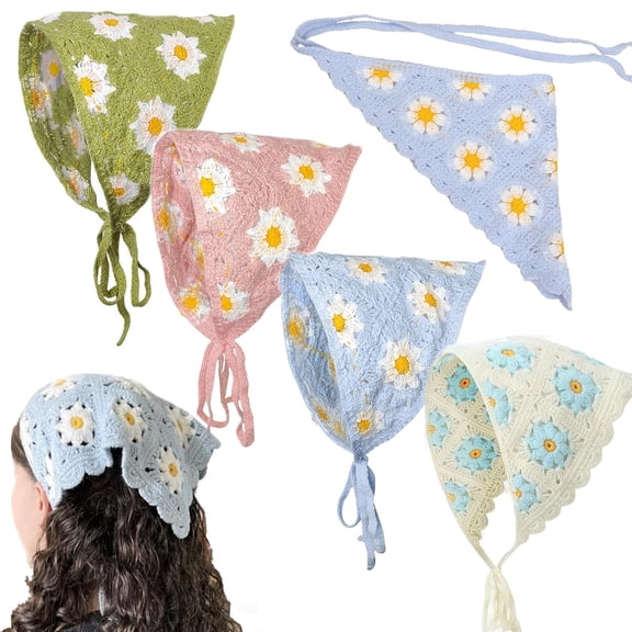 4 PCS Crochet Bandanas Headbands Cute Flowers Hairbands Pink Knitted Headscarf Green Daisy Head Scarf Foral Headwrap for Thin Thick Hair Curly Bcak Head Kerchief for Women Girls Hair Accessories
