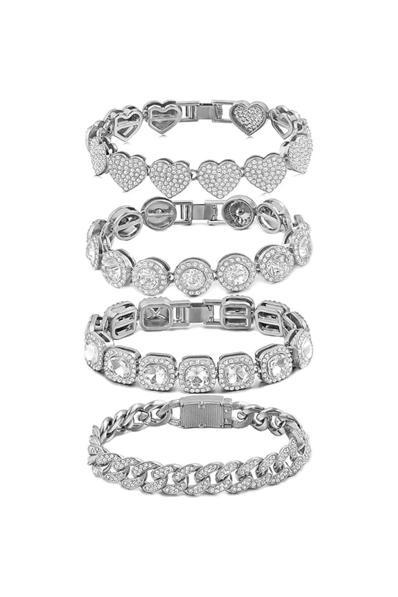 4-PCS Crystal Cuban Chain Bracelet Set, 2000+ Sparkling Rhinestones Layered Tennis Heart Link Bracelets, Giftable Jewelry for Women Girlfriend Wife on Birthday Valentine's Day