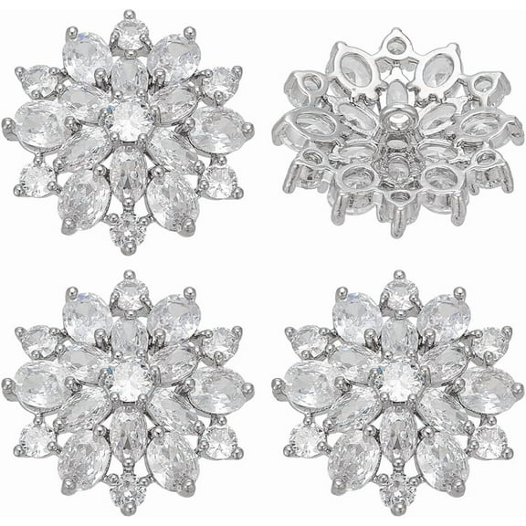 4 PCS Cubic Zirconia Buttons 0.83x0.87inch Decorative Platinum Brass Flower Shape Embellishment for Sewing Reusable Clear Rhinestone Buttons with Hole for DIY Crafts Clothes Decoration