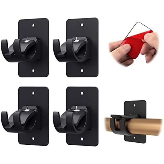 4 PCS Curtain Rod Bracket Holder, Universal Self Adhesive Wall Mount fits Support Curtain 0.6'' to 1.5'' Curtain Rod, Curtain Rod Hooks for Bathroom Kitchen(Curtain Rod Not Included)(Black)