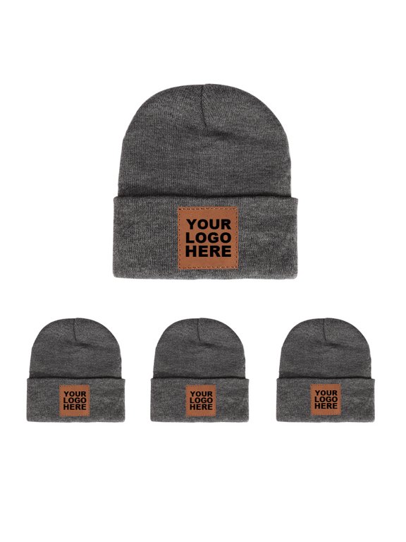 4-PCS Custom Leather Patch Beanie Hats | Heavyweight Acrylic Knit, One Size Fits All, High Elasticity, Perfect Gift Set