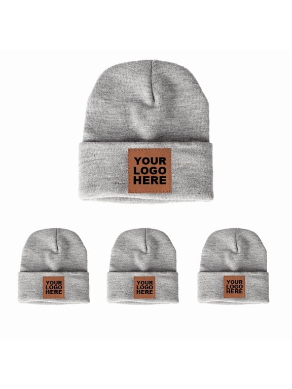 4-PCS Custom Leather Patch Beanie Hats | Heavyweight Acrylic Knit, One Size Fits All, High Elasticity, Perfect Gift Set