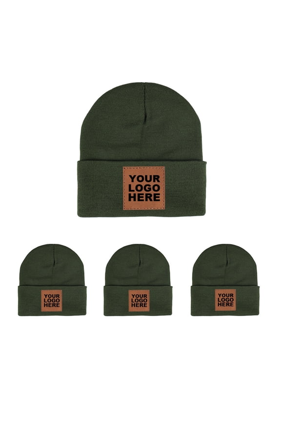 4-PCS Custom Leather Patch Beanie Hats | Heavyweight Acrylic Knit, One Size Fits All, High Elasticity, Perfect Gift Set
