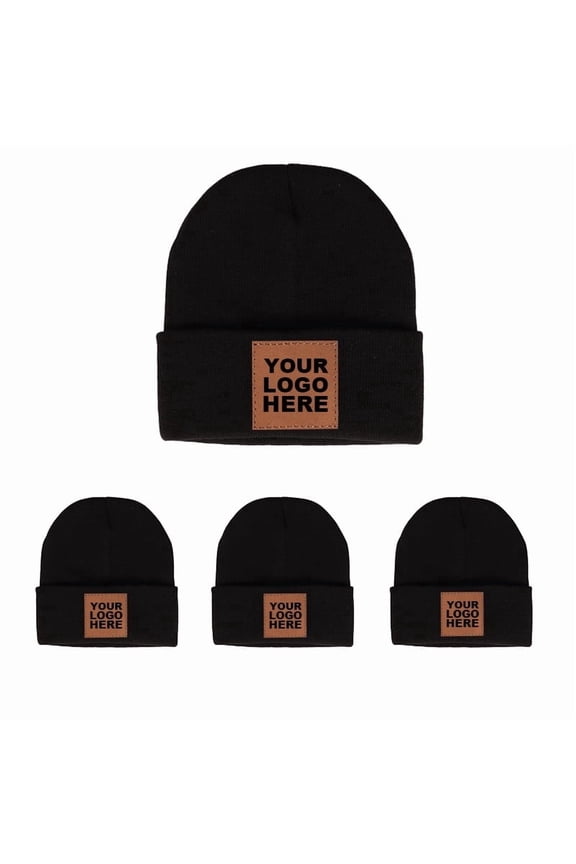 4-PCS Custom Leather Patch Beanie Hats | Heavyweight Acrylic Knit, One Size Fits All, High Elasticity, Perfect Gift Set