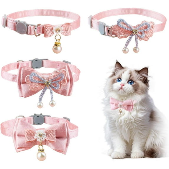 4 PCS Cute Pearl Cat Collar Breakaway, Adjustable Pink Bow Girl Kitten Collar