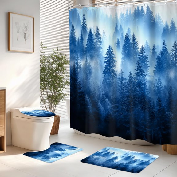 4 PCS Dark Green Misty Mountain Shower Curtain Set 72Wx72H Nautre Tree Summer Rainforest Natural Complete Bathroom Set Non-Slip Bath Rug Toilet Lid Cover U Shape Mat with 12 Hooks
