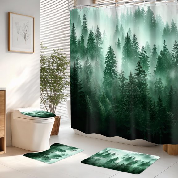 4 PCS Dark Green Misty Mountain Shower Curtain Set 72Wx72H Nautre Tree Summer Rainforest Natural Complete Bathroom Set Non-Slip Bath Rug Toilet Lid Cover U Shape Mat with 12 Hooks