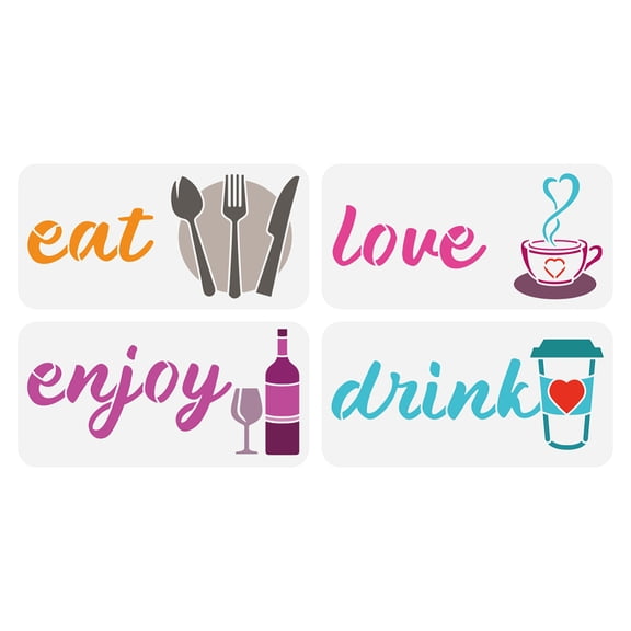 4 PCS Decorative Words Painting Stencil 11.8x5.9inch Eat Drink Love Enjoy Stencil Tableware Coffee Wine Bottle Drinks Patterns Stencil