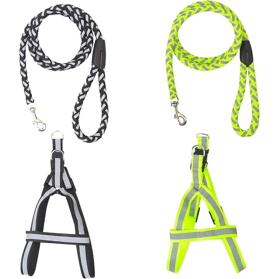 4 PCS Dog Leash and Harness Sets,Night Reflective Leash, 5FT Nylon Braided Heavy Duty Leash Harness for Small Medium Dogs (Black&Green)