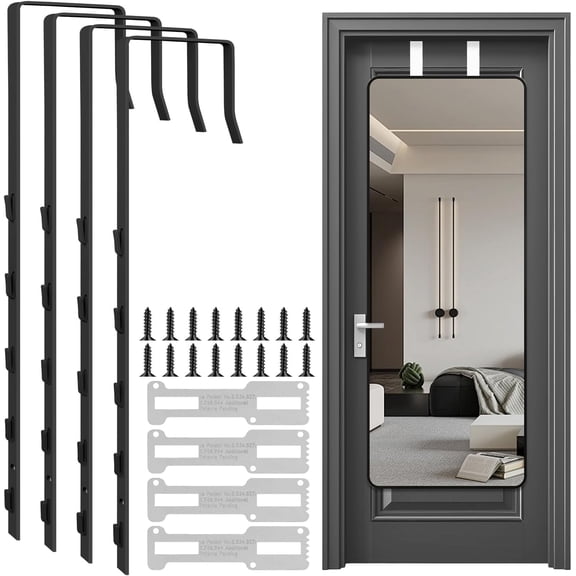 4 PCS Over The Door Mirror Hanger, Adjustable Door Mirror Hanger, Five-Hole Over The Doors-Mirrors Hook, Mirrors Doors Hangers with 2 Iron Filings and Screws (Black)