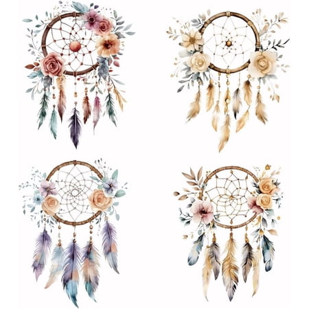 4 PCS Dreamcatcher Heat Transfer Floral Dreamcatcher Iron-On Transfers Plastic Film Logo Stickers Set Clothing Iron on Decals for T-Shirt Canvas Bags Jackets DIY Crafts