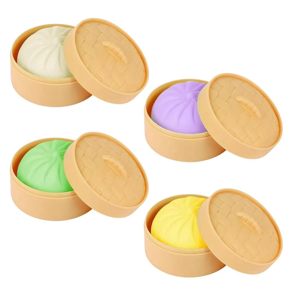 4 PCS Dumpling Stress Balls Fidget Sensory Toy Set, Realistic Steamed Bun Squeeze Toy with Steamer, Soft TPR Dough Ball Hand Toy for Anxiety Relief and Desk Decor