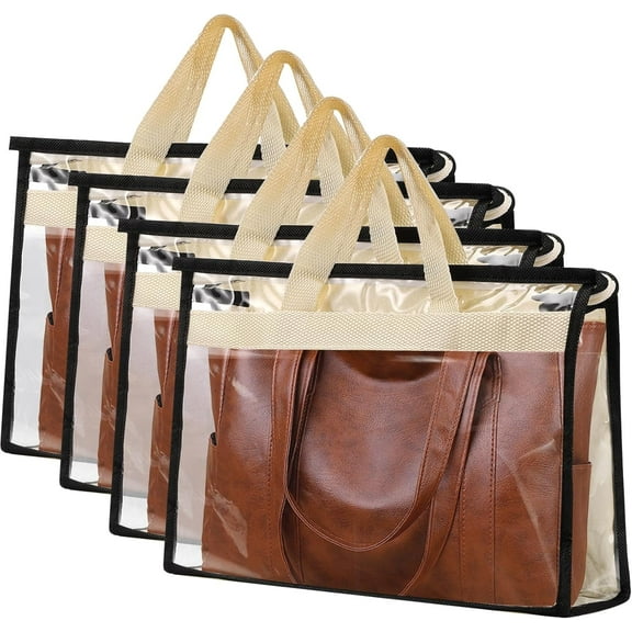 4 PCS Dust Bags for Handbag,Purse Protector Storage Bag with Zipper and Handle,Clear Handbags Storage Organizer,Plastic Protective Waterproof Handbag Protector for Closet,Off White