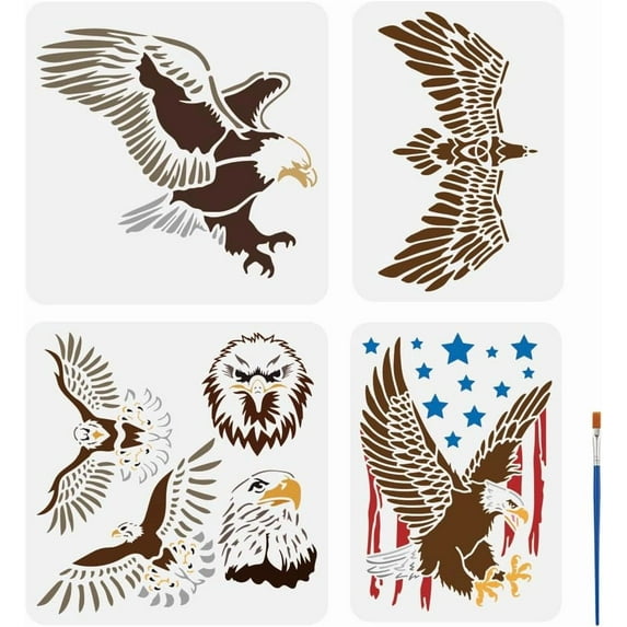 4 PCS Eagle Design Painting Stencil with 1Pc Plastic Paint Brush 2 Sizes Reusable Flapping Eagle Stencil Eagle Pattern Stencil