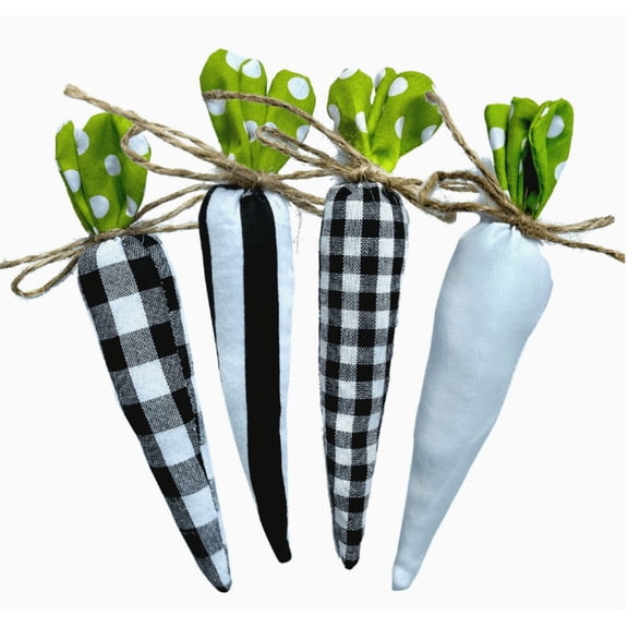 4 PCS Easter Artificial Fabric Carrot Decorations, Colorful Plaid Handmade Stuffed Carrots with Leaves for DIY Farmhouse Decor, Tiered Tray, Vase Filler and Spring Basket Embellishment