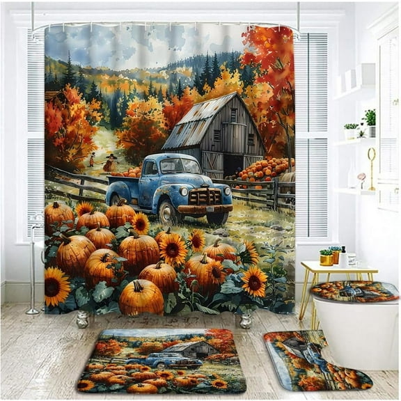 4 PCS Fall Farmhouse Truck Shower Curtain Set with Rugs, Toilet Lid Cover ,Rustic Thanksgiving Sunflower Pumpkins Barn Autumn Maple Forest Country Nature Landscape Bathroom Shower Curtain with Hooks